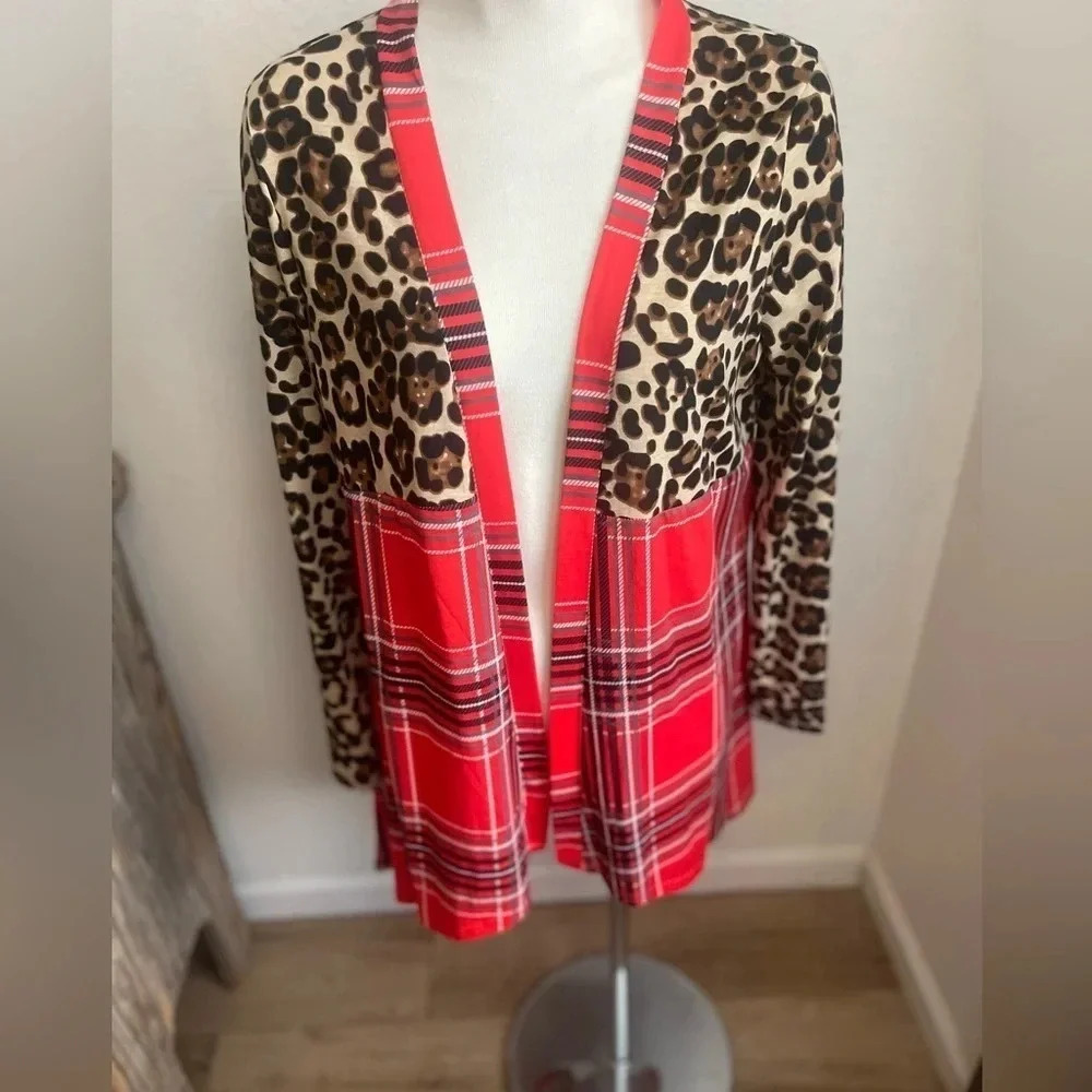 Women’s southern stitch cardigan open front kimono duster size small leopard